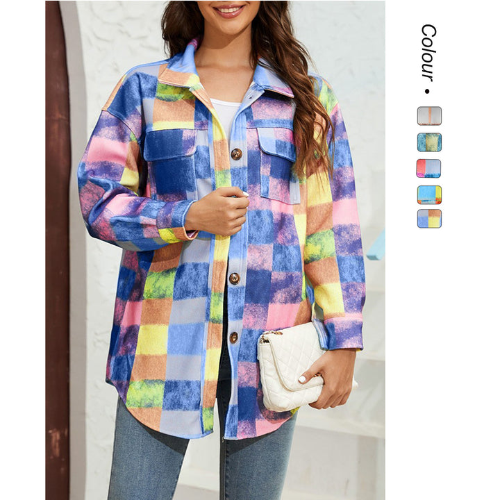Dame Tjekket Flannel Jakke med Praktiske Lommer og Oversized Snit