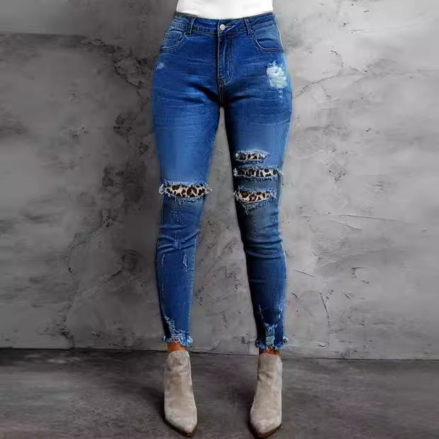 Dame Skinny Jeans med leopardmønster og fashion rifts detaljer Stilla