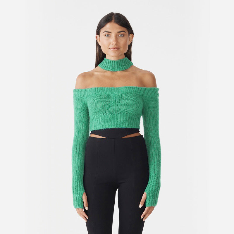 Dame Off-Shoulder Strikpullover med lange ærmer og Cropped-snit Stilla