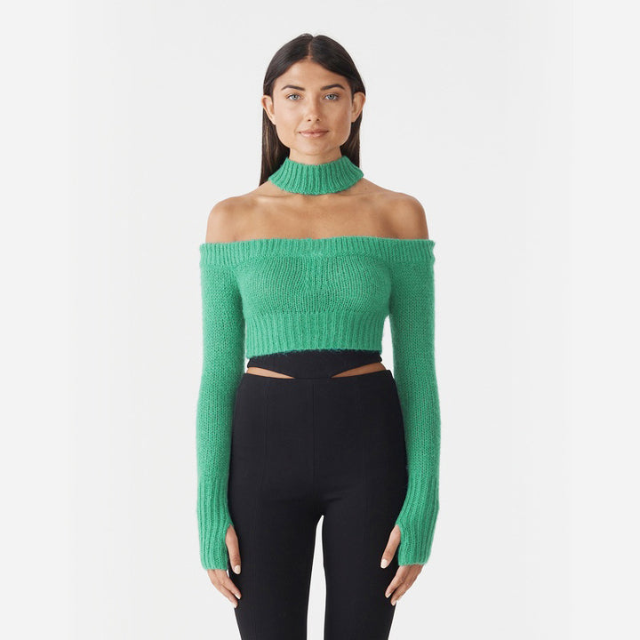 Dame Off-Shoulder Strikpullover med lange ærmer og Cropped-snit Stilla