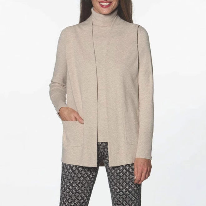 Dame strikjakke med elegant cashmere-look og dyb krave Stilla