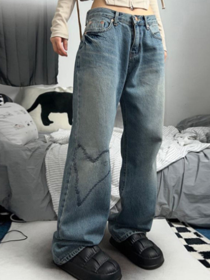 Damer Bredskårne Denim-Jeans med Hjerte-design Stilla
