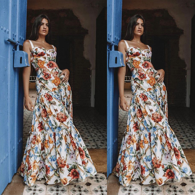 Dame Maxikjole med floral design og voluminøst skørt Stilla