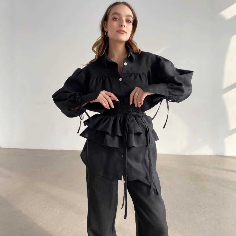Dame Casual Bluse med Rynker og Talje bælte Stilla
