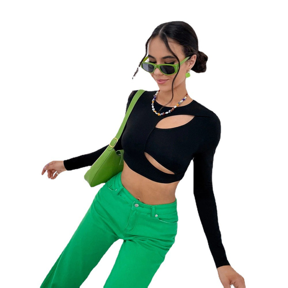 Kvinders crop top med asymmetrisk udskæringsdesign og fashionable lange ærmer Stilla