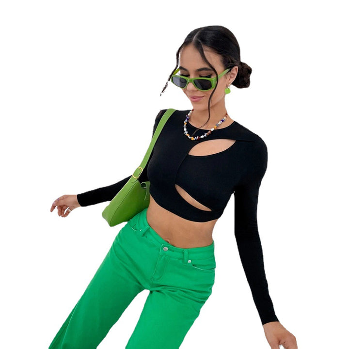 Kvinders crop top med asymmetrisk udskæringsdesign og fashionable lange ærmer Stilla
