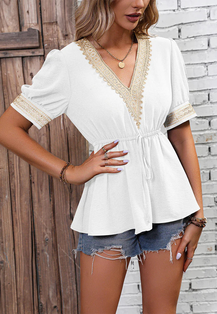 Stilla | Elegant Sommer V-Hals Blonde Korte Ærmer T-shirt
