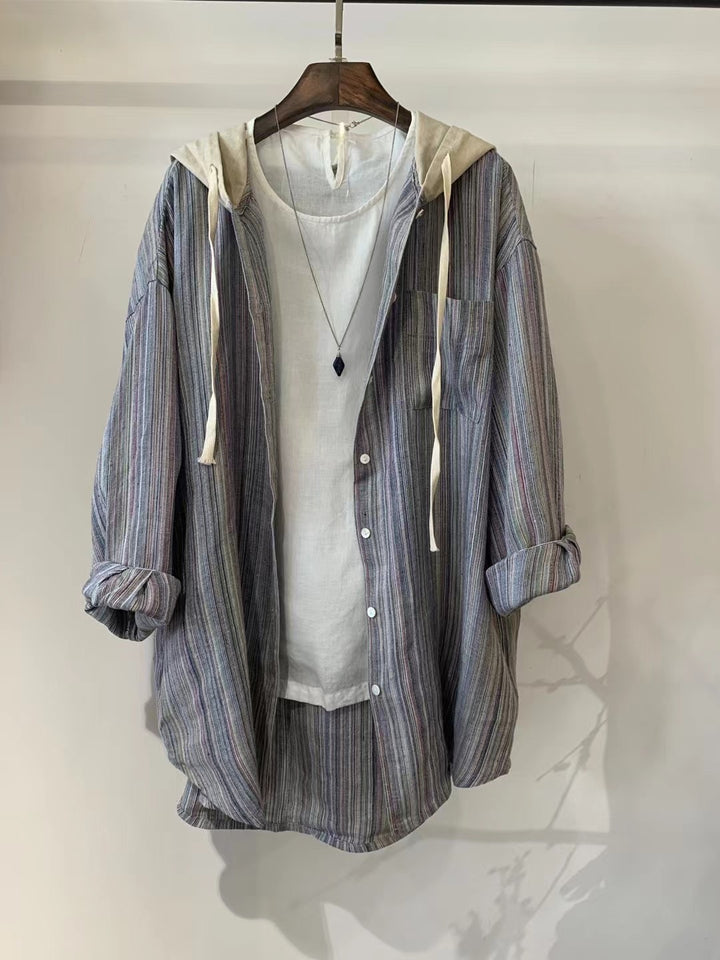 Femme Stribet Overdimensioneret Button-Up Skjorte med Hætte Stilla