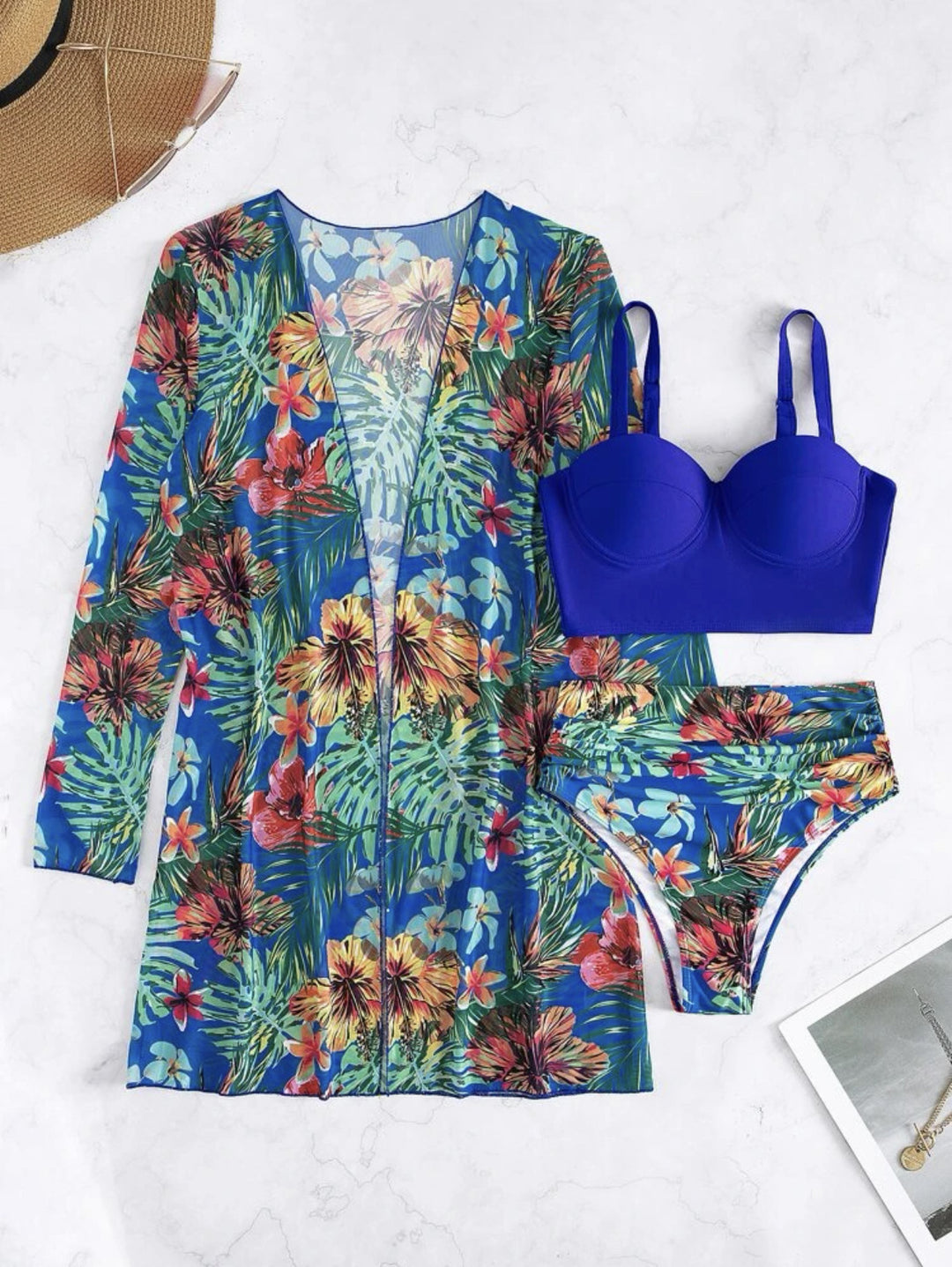 Dame bikini-sæt med floral kimono og polstret top Stilla