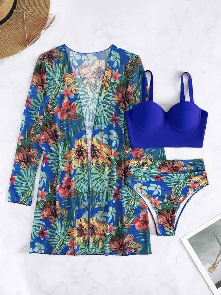 Dame bikini-sæt med floral kimono og polstret top Stilla