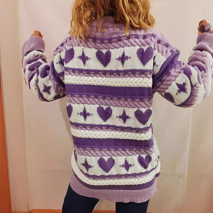 Kvindernes chunky strikkede sweater med hjerteformet mønster og brede striber Stilla