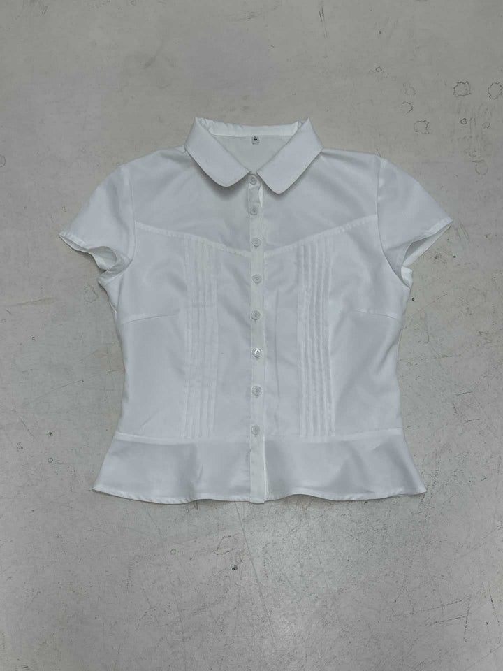 Dame kortærmet skjorte-bluse med figurtilpasset snit og elegante rynker Skovae