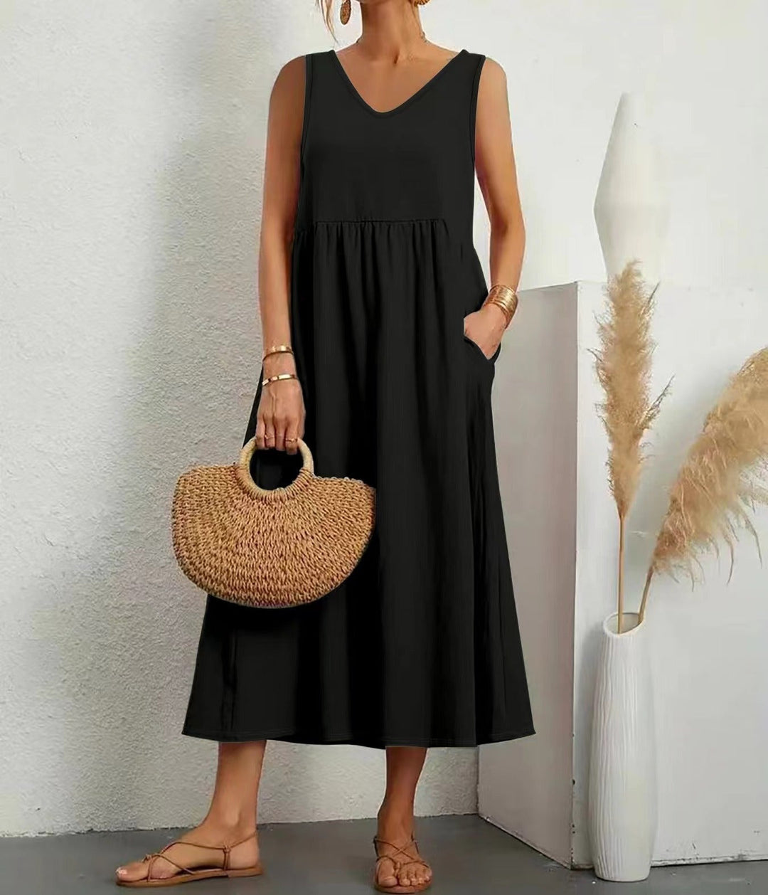Stilla | Elegant Sommer Ensfarvet Bomuldslinned ærmeløs V-hals kjole