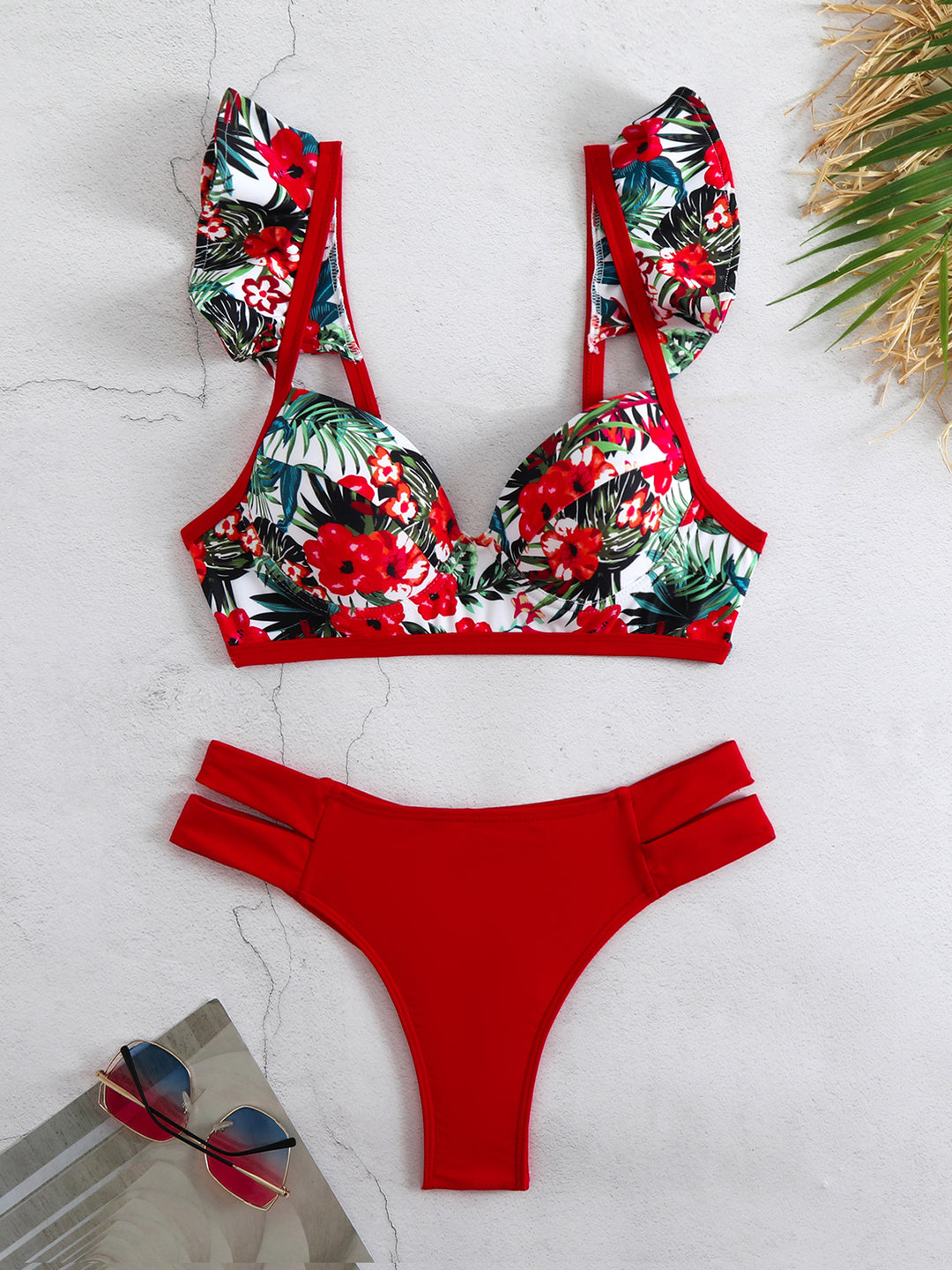 Dame bikini-sæt med floral bustier-top og moderigtige stropper Stilla