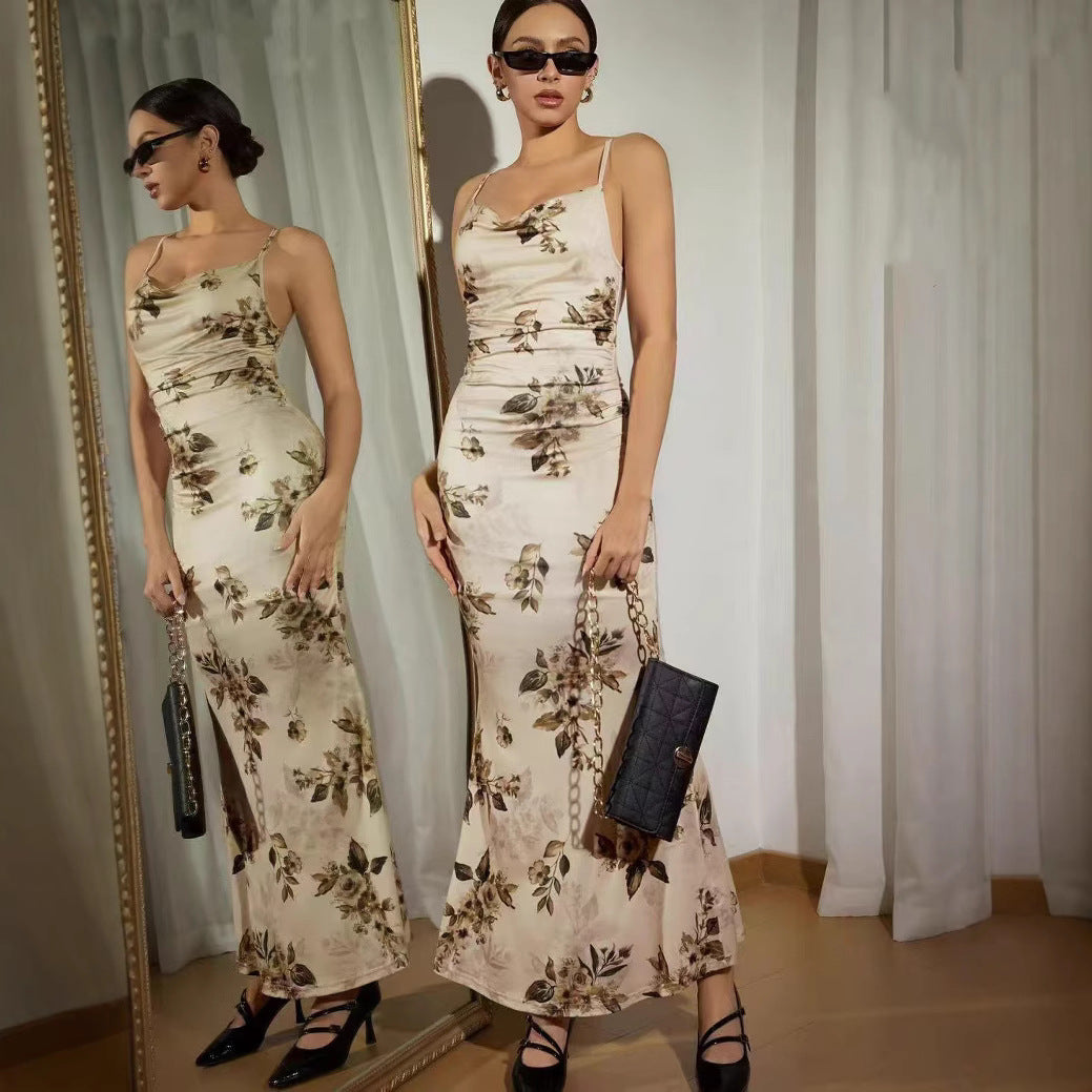 Dame Elegant Maxikjole med floral dekoration og rynker Skovae