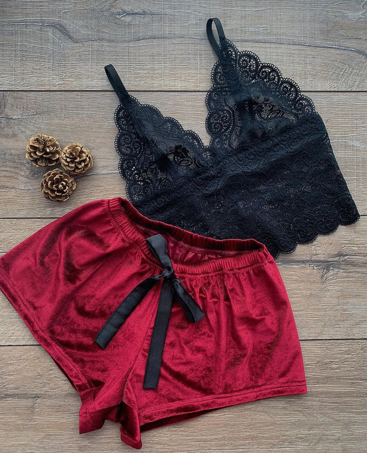 Dame Spitze-Bralette og Velour-Shorts-Sæt Stilla
