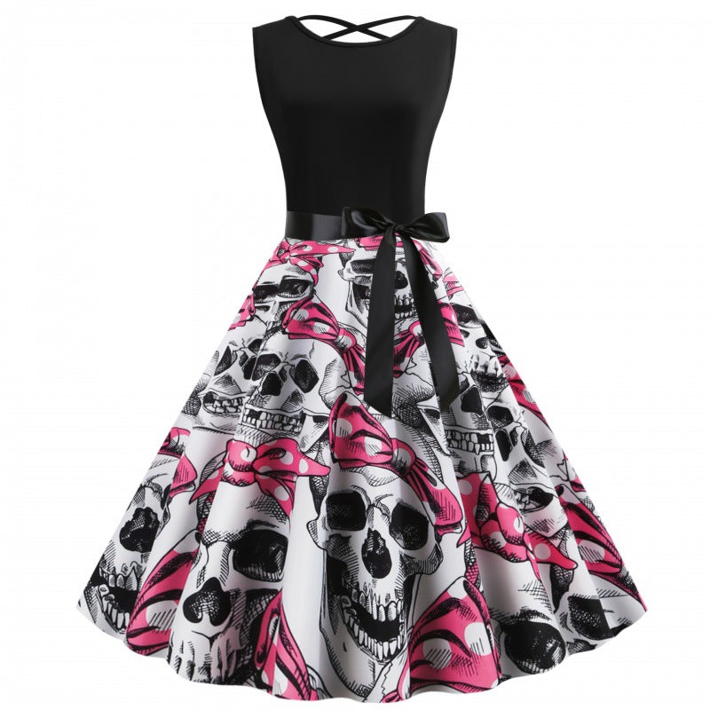 Kvinders Rockabilly Kjole med Dødningehoved Motiv og Voluminøs Skirt Stilla