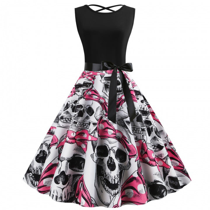 Kvinders Rockabilly Kjole med Dødningehoved Motiv og Voluminøs Skirt Stilla
