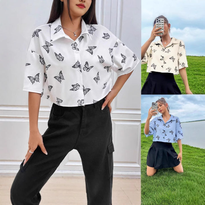 Dame sommerfugleprint kortærmet button-up skjorte Stilla