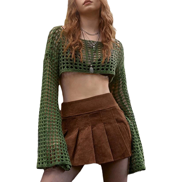 Damer luftig hæklede crop-top med lange ærmer Skovae