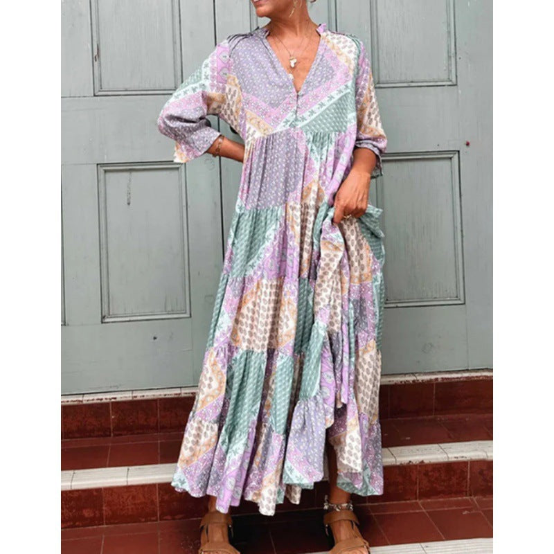 Dame Boho-inspireret bomuldsmaxikjole med flæse detaljer Stilla