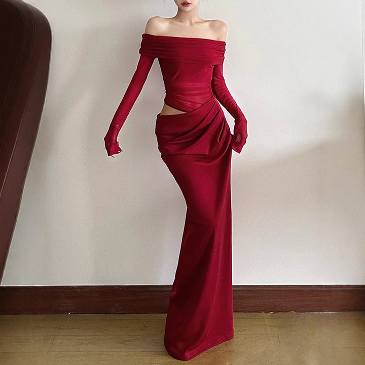 Dame Off-Shoulder Maxikjole med figursyet design og rynkning Skovae