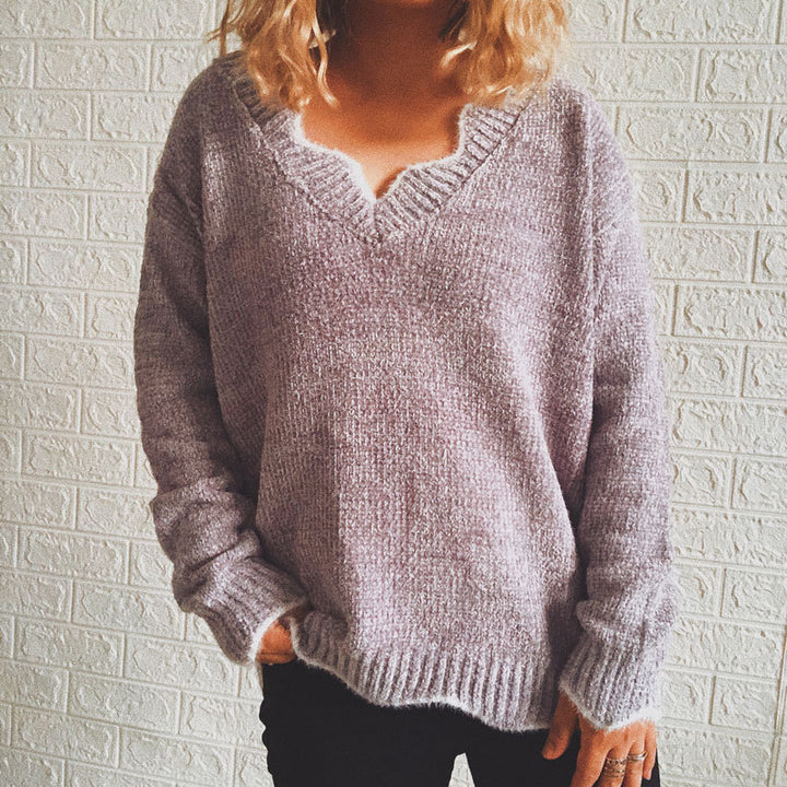 Dame afslappet strik pullover med V-hals og struktureret stof Stilla