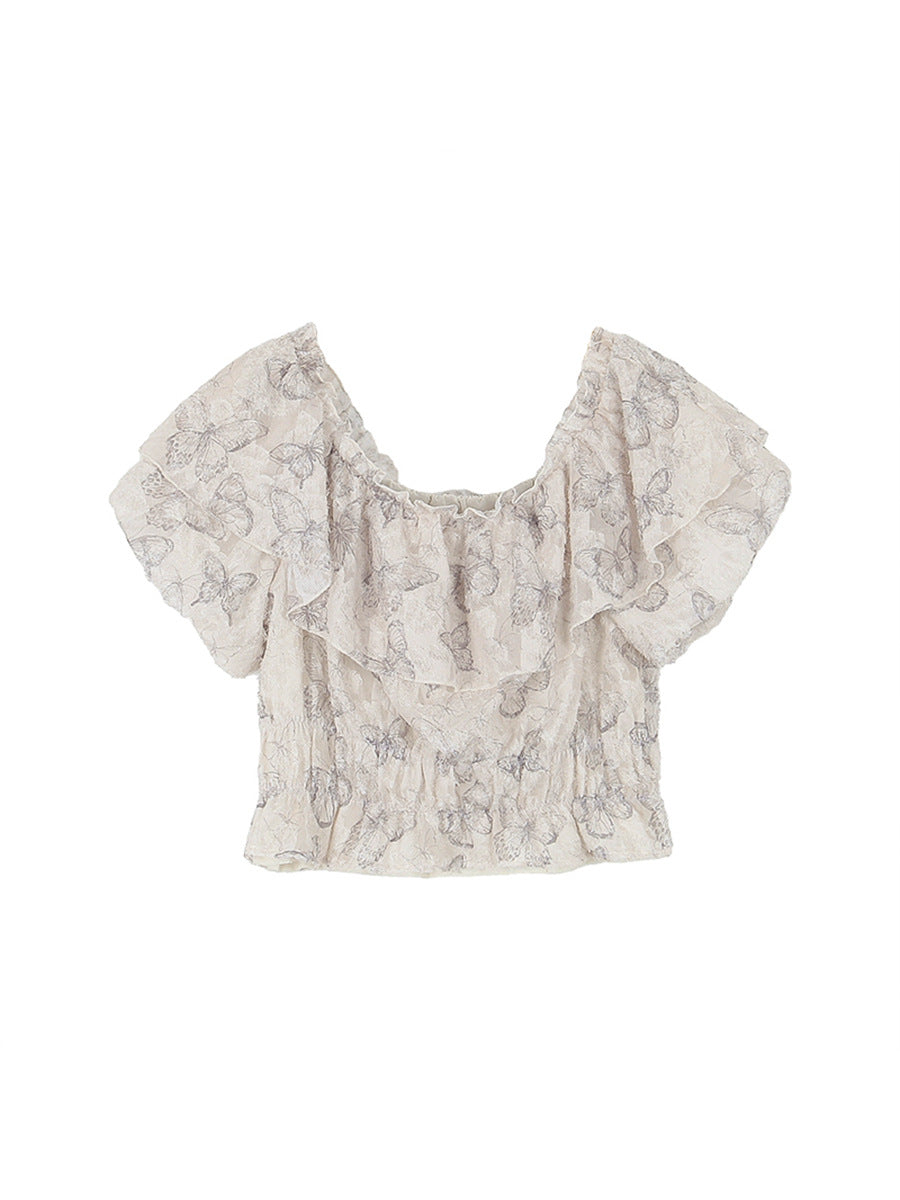 Dame Off-Shoulder Bluse med flæsedetaljer og blomstermønster Stilla