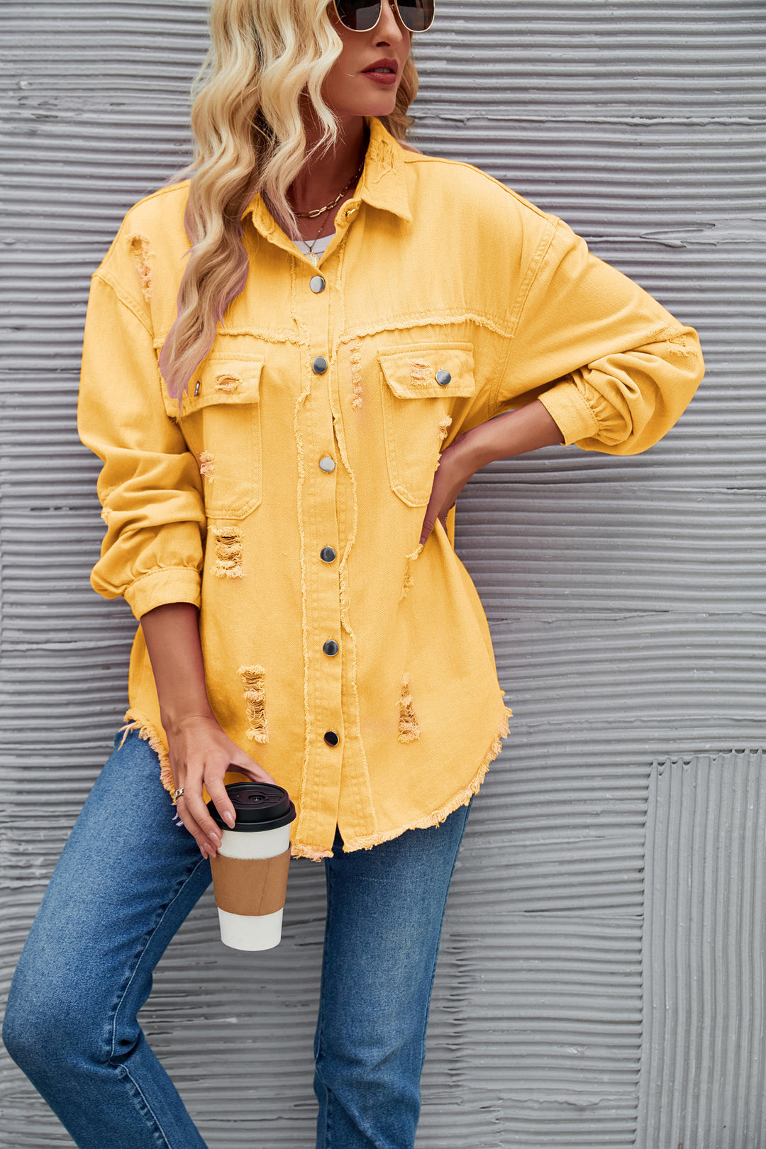 Dame Oversized Denim-Skjortejakke med frynse-detaljer Stilla