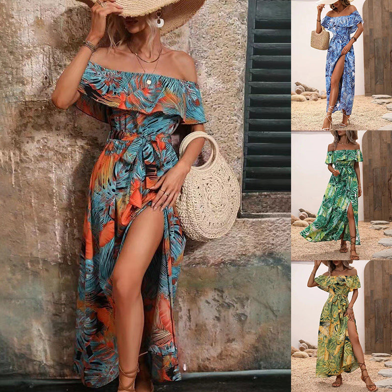 Dame Off-Shoulder Tropisk Maxi Kjole med sidelæg Stilla