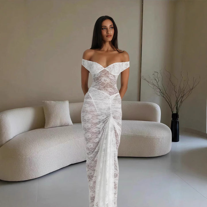Dame Fantastisk blonde-maxikjole med off-shoulder design og forførende split Stilla