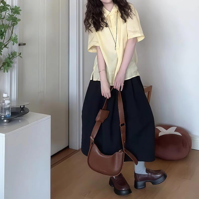 Femme Relaxed Fit Button-Up Skjorte og Flared Maxi Nederdel Sæt Stilla