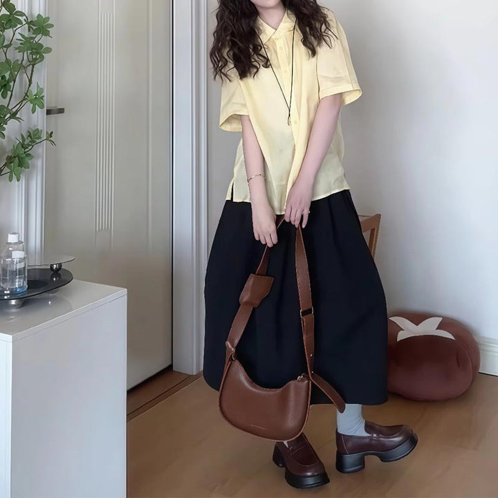 Femme Relaxed Fit Button-Up Skjorte og Flared Maxi Nederdel Sæt Stilla