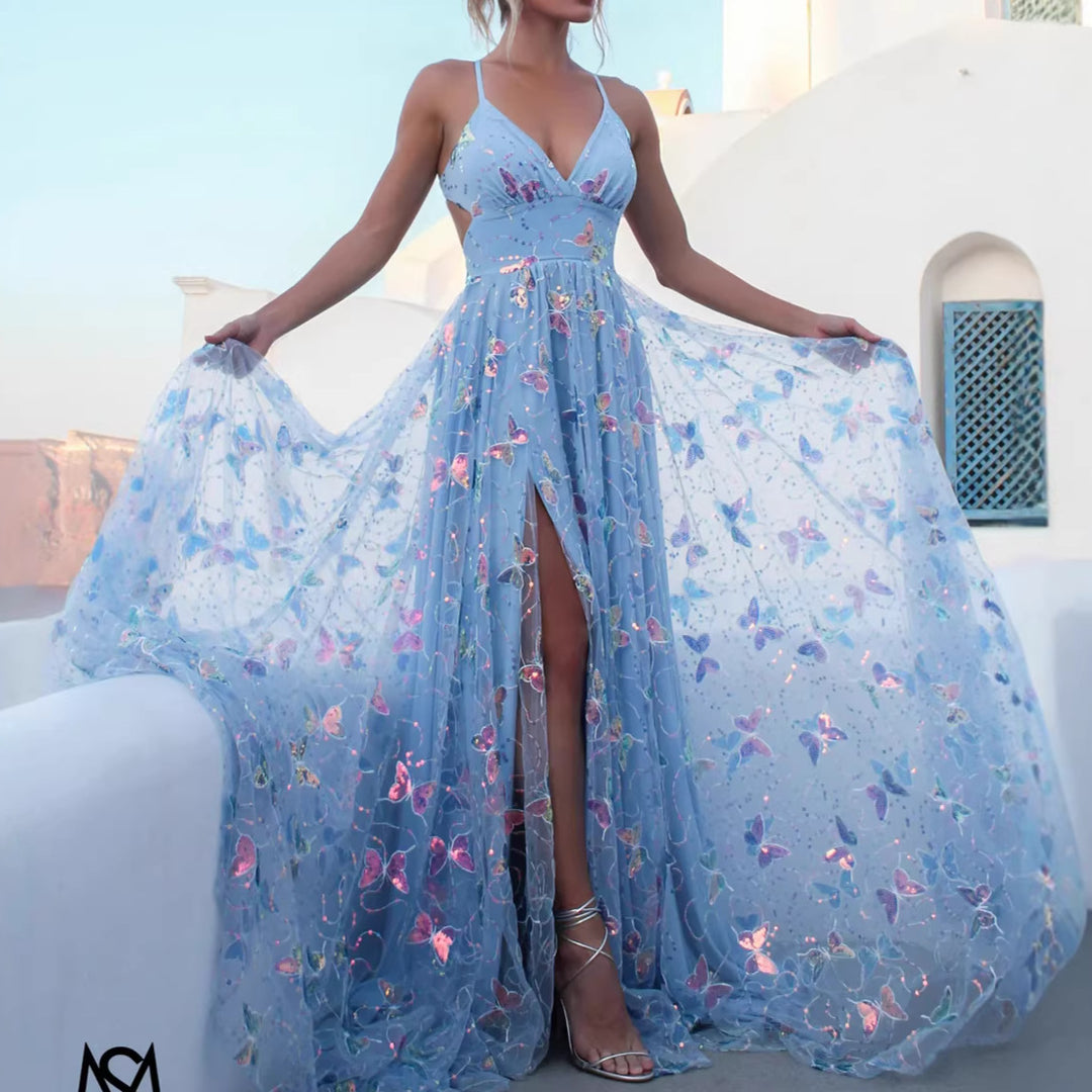 Dame maxi kjole med fine glitrende accenter og blomsterdesign