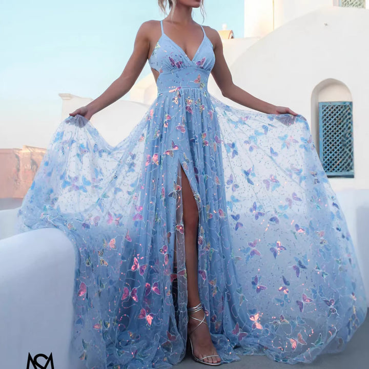 Dame maxi kjole med fine glitrende accenter og blomsterdesign
