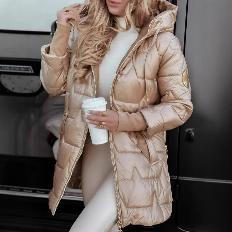 Femme Isoleret Langærmet Puffermantel med Justerbar Hue og Metallic-Finish Stilla