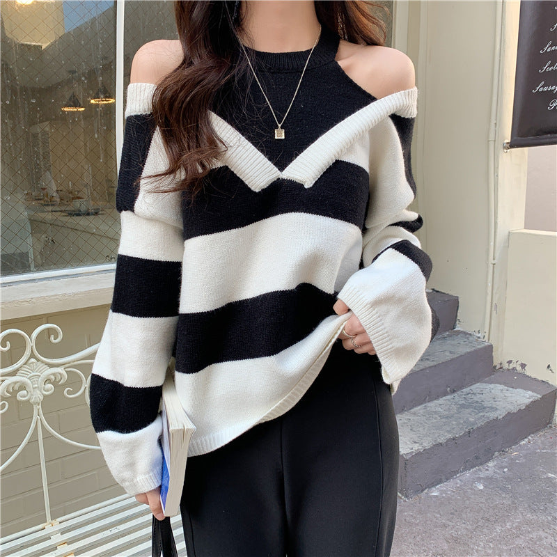 Femme Off-Shoulder Stribet Strikpullover Stilla