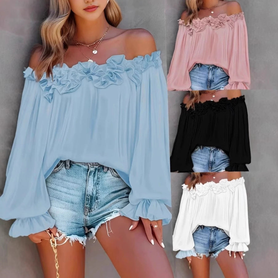 Dame Off-Shoulder Bluse med flæsedetaljer og vide ærmer Stilla
