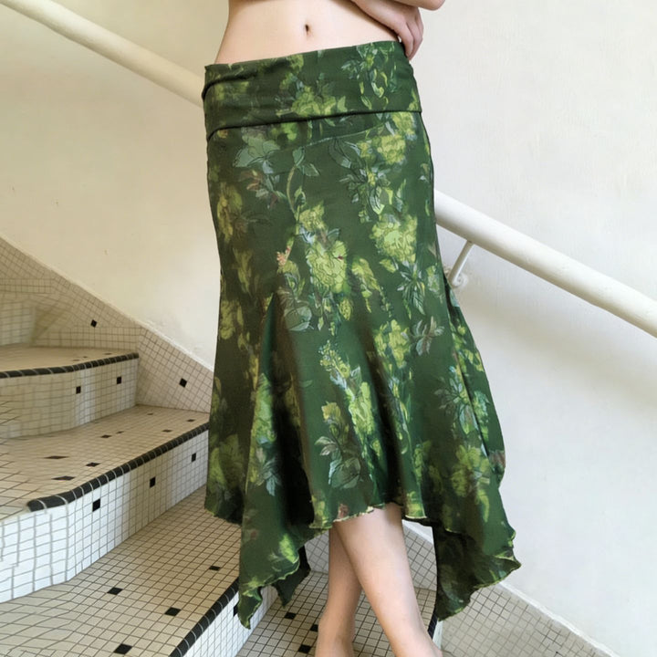 Dame asymmetrisk wrap nederdel med blomstermotiv og elastisk talje Skovae