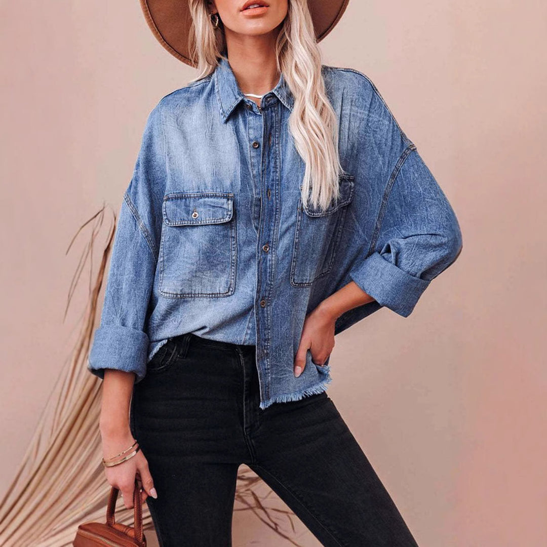 Dame Denim Skjortejakke med afslappet snit og påsyede lommer Stilla