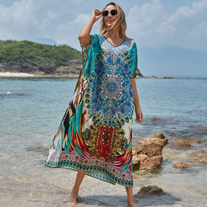 Dame luftig strandkaftan med kunstnerisk mandalamønster og brede ærmer Stilla