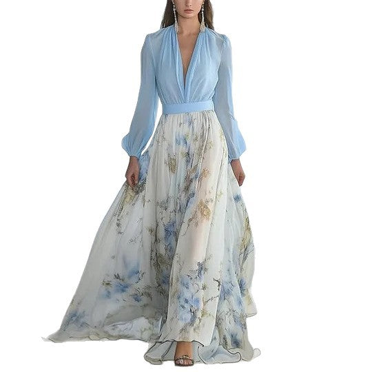 Dame Maxikjole med dyb V-udskæring og blomster chiffon Stilla