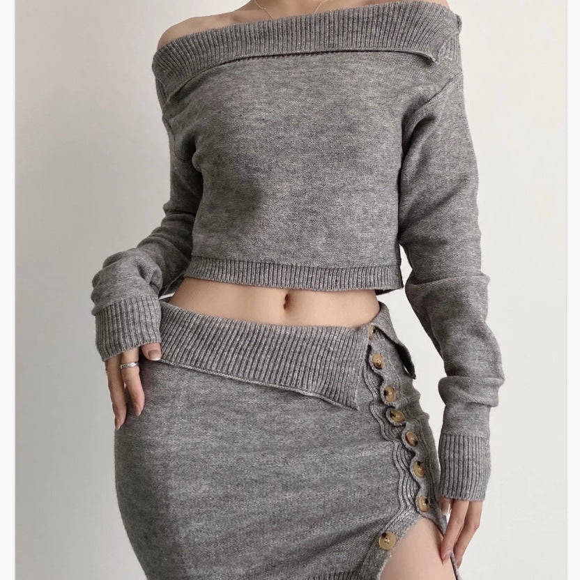 Dame Off-Shoulder Grovstrik Pullover og knaplukket Nederdel Sæt Stilla