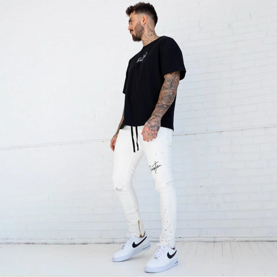Herrer Ripped Jeans med modiske applikationer og sidelæns lynlåse Stilla