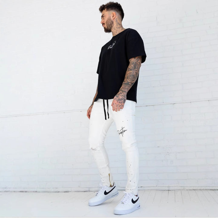 Herrer Ripped Jeans med modiske applikationer og sidelæns lynlåse Stilla