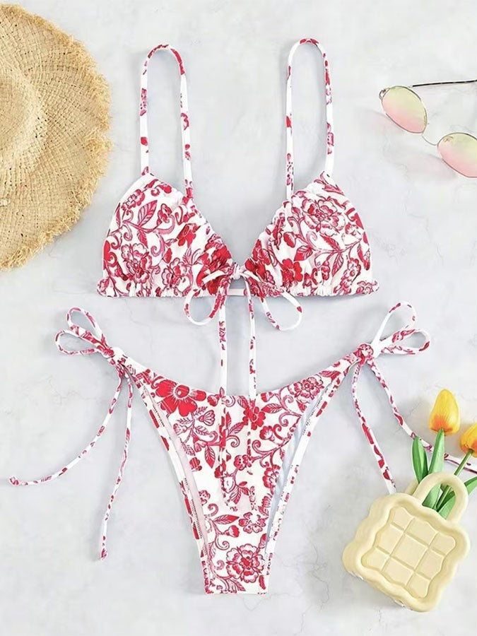 Kvinder Blomster Mønster Trekant Bikini Sæt Stilla 1750838590