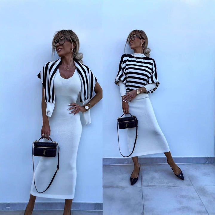 Kvindernes elegante stribede maxi kjole med casual sweater Skovae