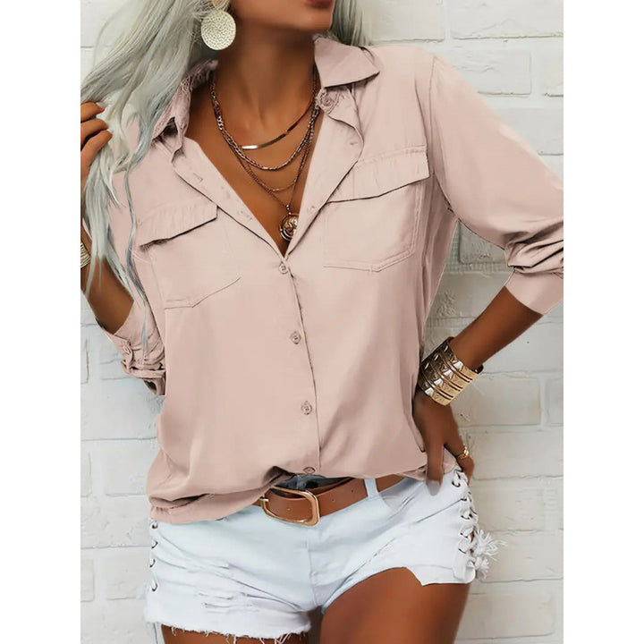 Dame elegant Button-Up Bluse med brystlommer og rullekrave Stilla
