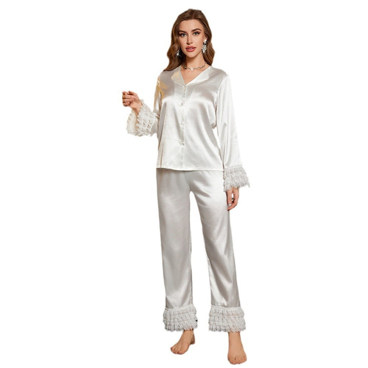 Dame Satin Pyjamas Sæt med dekorative Rynke detaljer Stilla