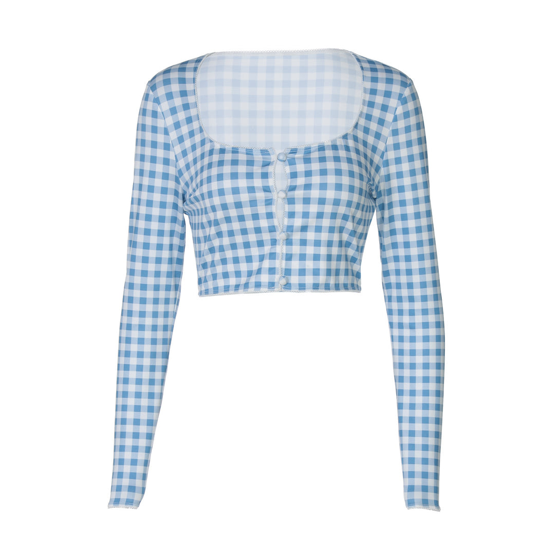 Dame cropped langærmet bluse med ternet mønster Skovae